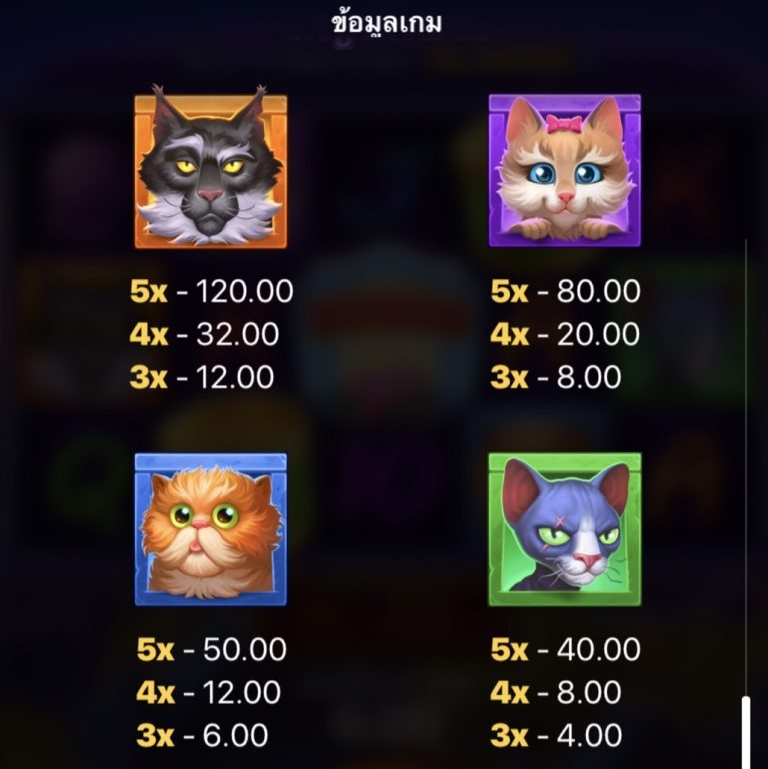อัตราการจ่ายของสัญลักษณ์ภายในเกม Bozo Cats